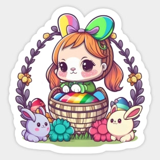 Cute Easter Bunny Girl In Basket. Spring Rainbow Flowers and Easter Eggs Sticker